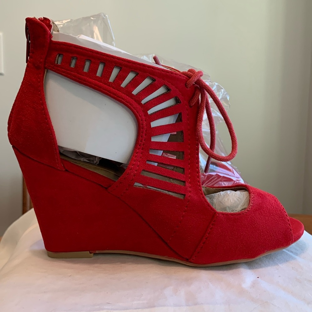 Crimson suede cutout wedges
